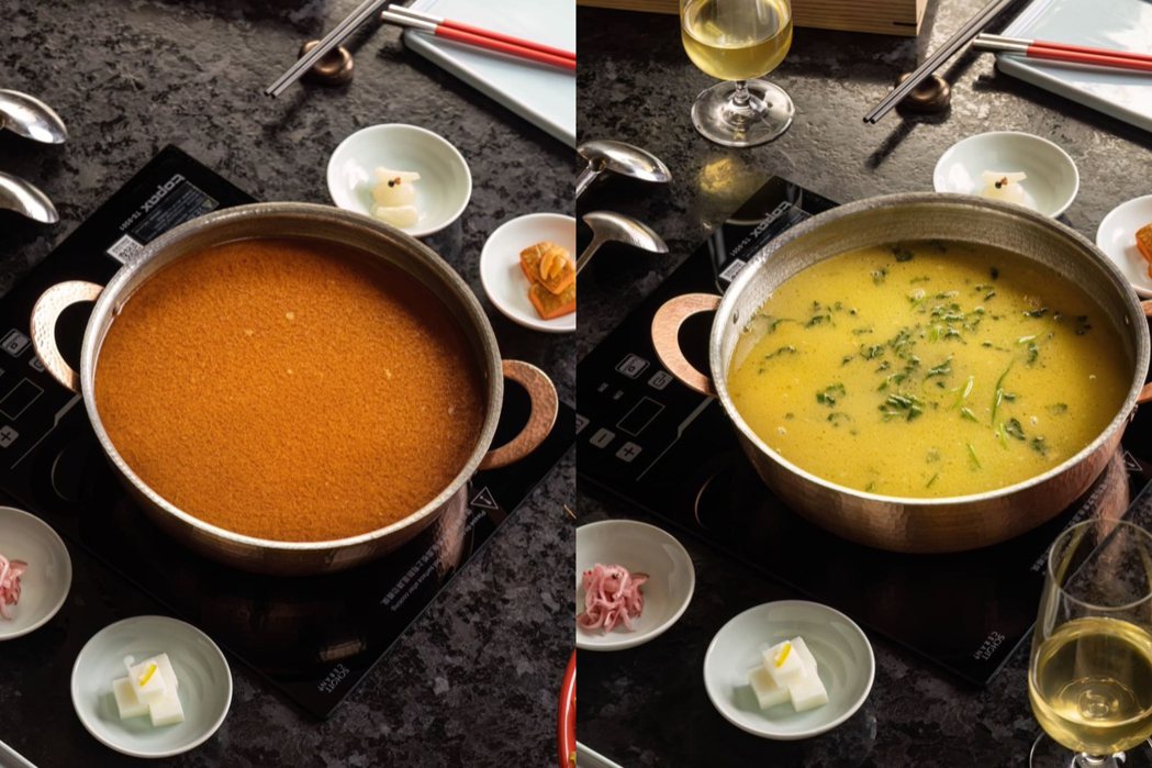 明粵提供三種湯底選擇，左為沙嗲皇湯底，右為芫荽皮蛋湯底。 圖／忠泰生活開發提供