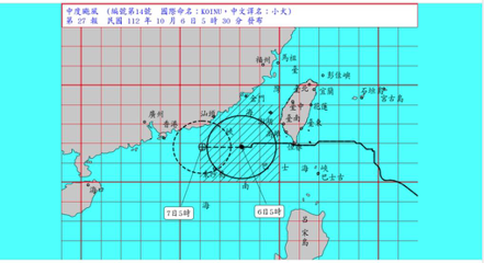 小犬颱風遠離，中心位置上午5時在鵝鑾鼻西方海面約290公里海面上。擷取自氣象署網站