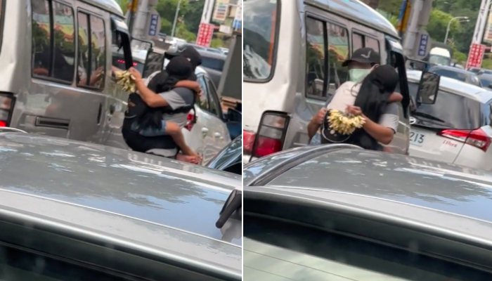 一名網友貼出一段影片，一位男子抱著女童穿梭在車陣中賣玉蘭花，讓民眾不禁捏把冷汗。不過傳出該男子是常在五股區出沒的「玉蘭花家族成員」，手上抱的女童是姪兒戴假髮假扮的。圖／取自TikTok