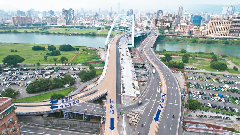 中正橋改建工程已開通台北往新北方向；新北往台北方向仍暫維持由原橋通行。圖／新北市工務局提供