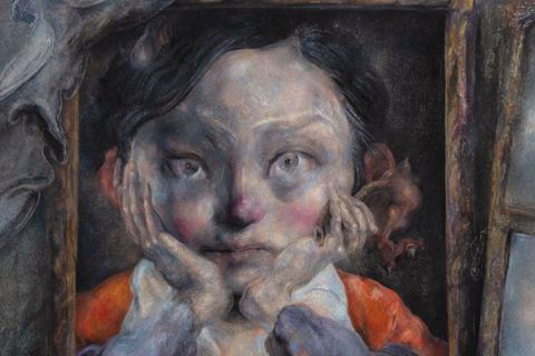 邱炯炯畫中的林青霞，沿著他的畫筆描述了朦朧的大眼直視著前方像似看電影般的專注。圖...