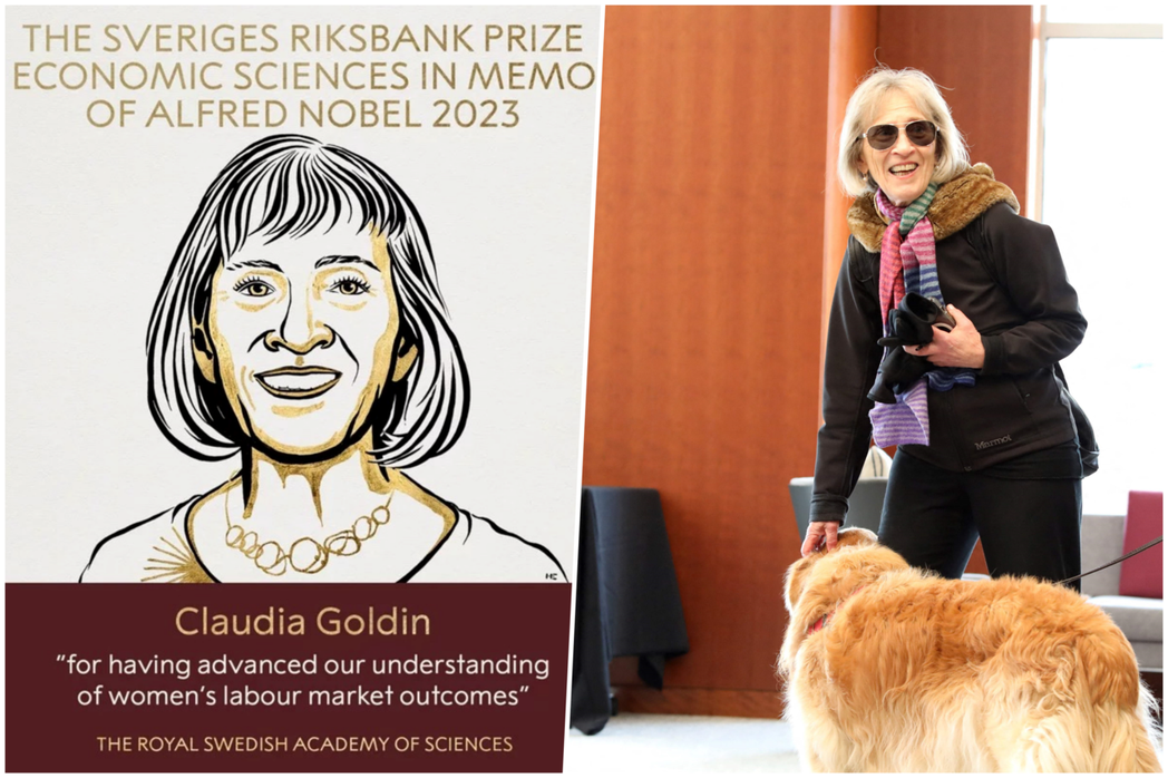 2023年諾貝爾經濟學獎得主戈丁與她的愛犬Pika。 圖／諾貝爾獎官網、法新社
