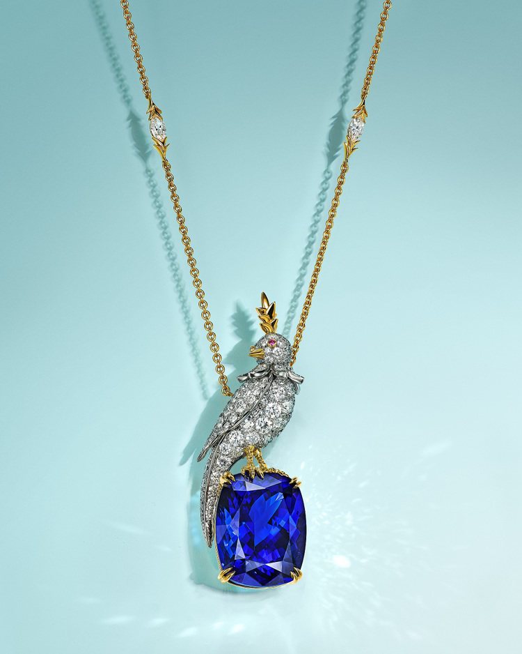Tiffany & Co. Schlumberger石上鳥高級珠寶系列鉑金與18K金鑲嵌主石逾16克拉丹泉石鍊墜。圖／Tiffany提供