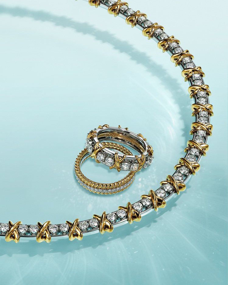 Tiffany & Co. Schlumberger系列九十二石鑽石項鍊、繩索設計鑲鑽戒指、十六石鑽石戒指。圖／Tiffany提供