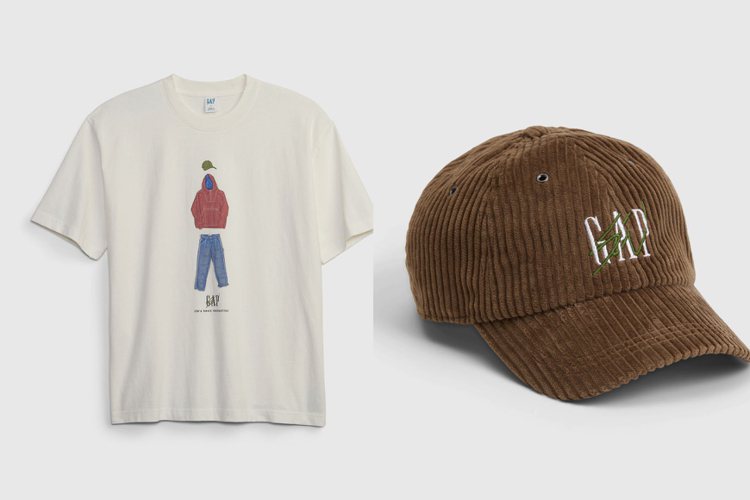 Gap與Sean Wotherspoon聯名Reissue系列印花T恤1,499元、燈芯絨老帽1,499元。圖／Gap提供