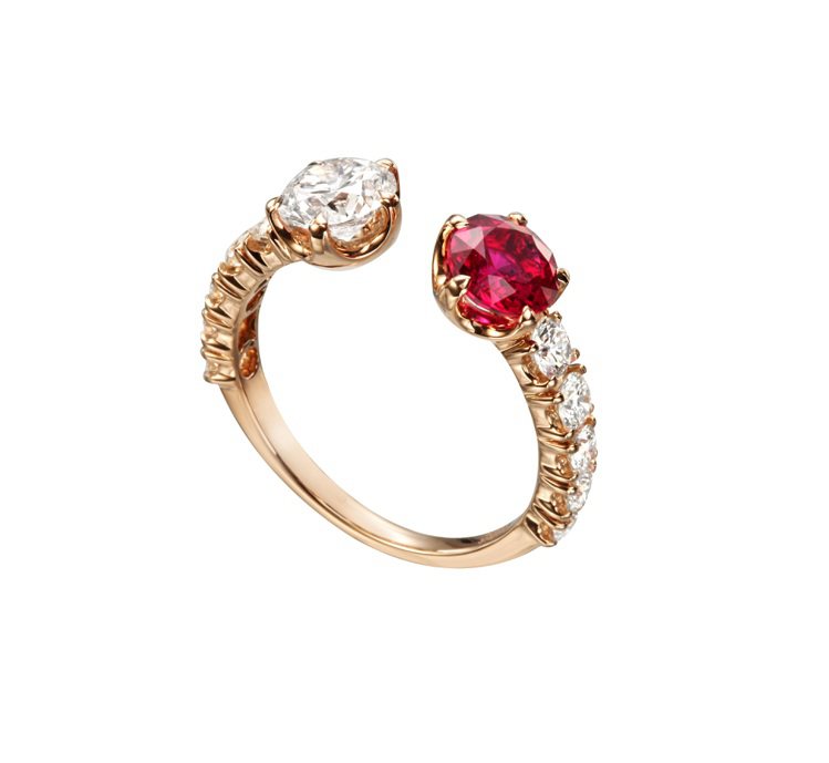 L'Heure Du Diamant系列戒指，獨一無二之作，公平採礦認證18K玫瑰金鑲嵌0.82克拉紅寶石，0.7克拉鑽石與鑽石，85萬3,000元。圖／蕭邦提供