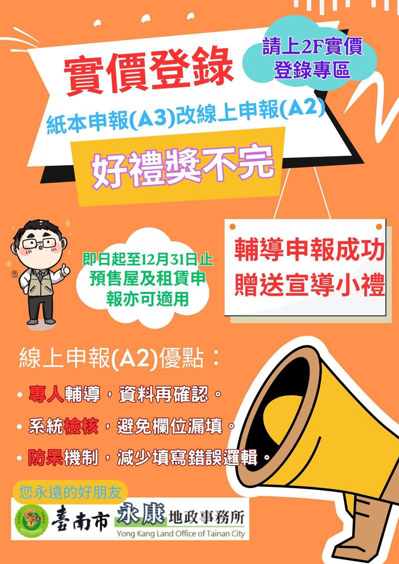 台南市地政局鼓勵實價登錄改以數化線上申報方式，以避免誤植受裁罰。圖／台南市地政局提供