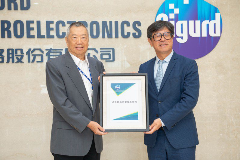 矽格董事長黃興陽（左）與寶晶能源董事長蔡佳晉（右）一同秀出採購再生能源契約。　圖／業者提供