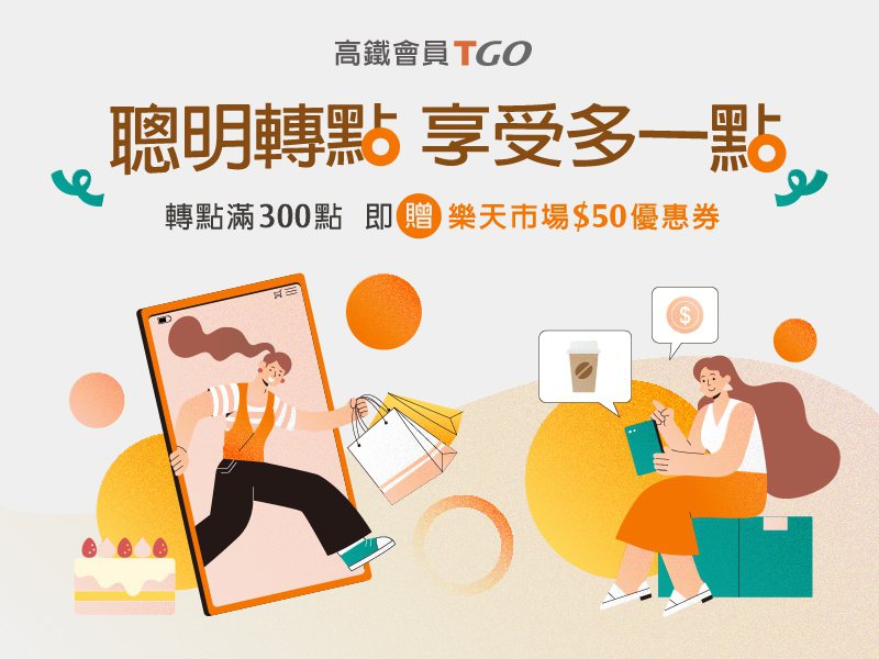 高鐵TGo會員「聰明轉點_享受多一點」轉點滿額每月最高可享樂天市場1,500元優惠。台灣高鐵公司提供