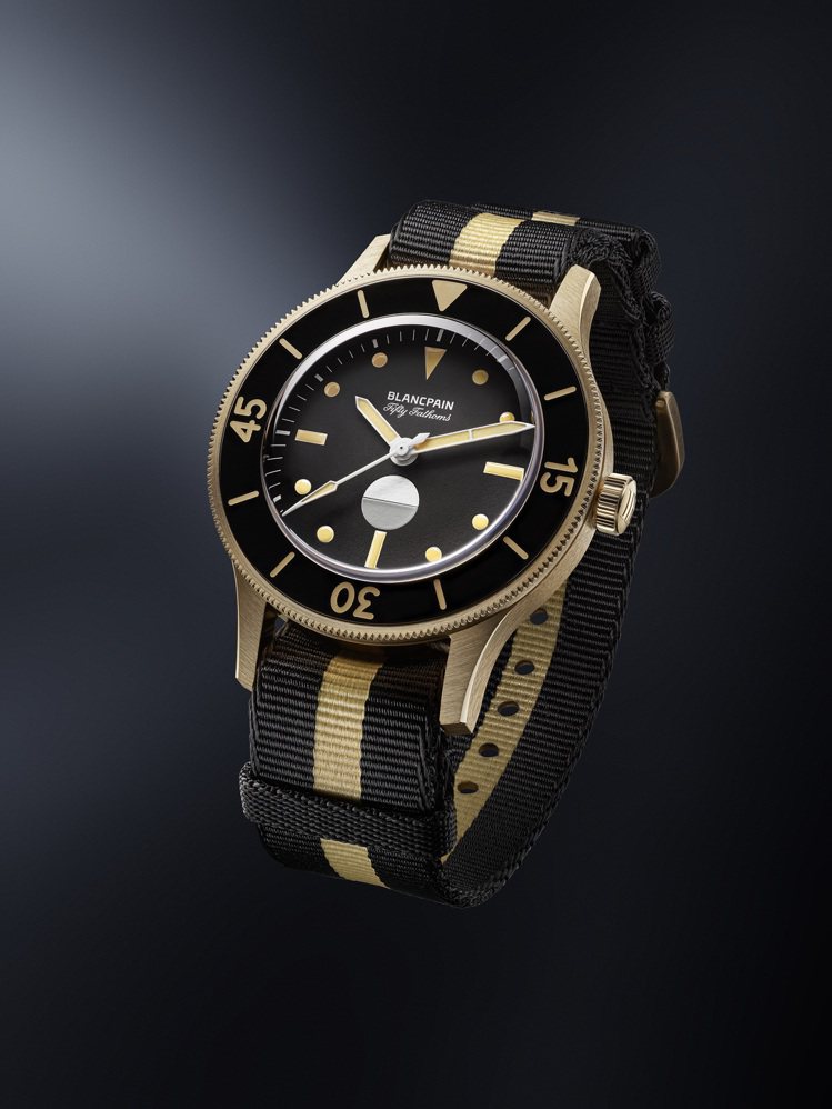 五十噚70周年紀念Act 3腕表，青銅金、41.3毫米、時間與溼度顯示、300米防水，102萬2,000元。圖／Blancpain提供