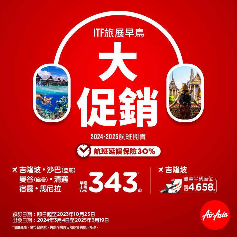 AirAsia ITF旅展早鳥開跑單程未稅343元起。AirAsia提供