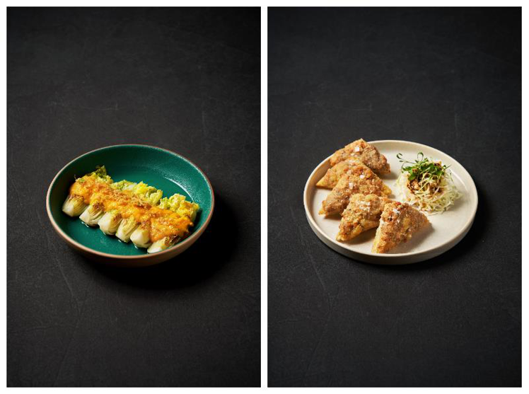干貝金湯娃娃菜（圖左）、松露百花臭豆腐。圖／foldie蔬食餐酒館提供