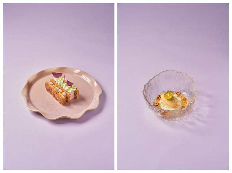 金沙斑斕芋泥千層（圖左）、金桔杏仁紅棗銀耳。圖／foldie蔬食餐酒館提供