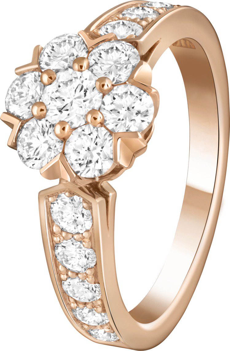 梵克雅寶Fleurette戒指，18K玫瑰金鑲嵌鑽石，45萬元。圖／梵克雅寶提供