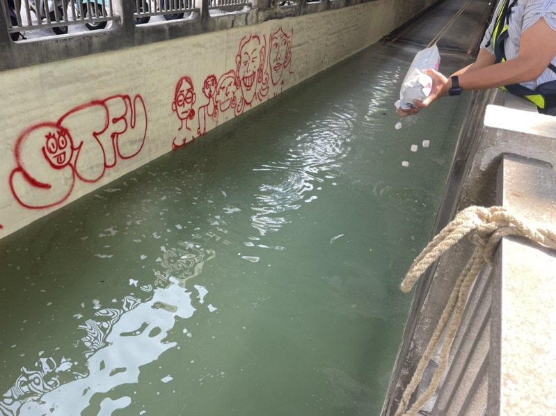 台南市鐵路地下工程東門陸橋下地下道出現大積水，稽查人員投藥。圖／南市環保局提供