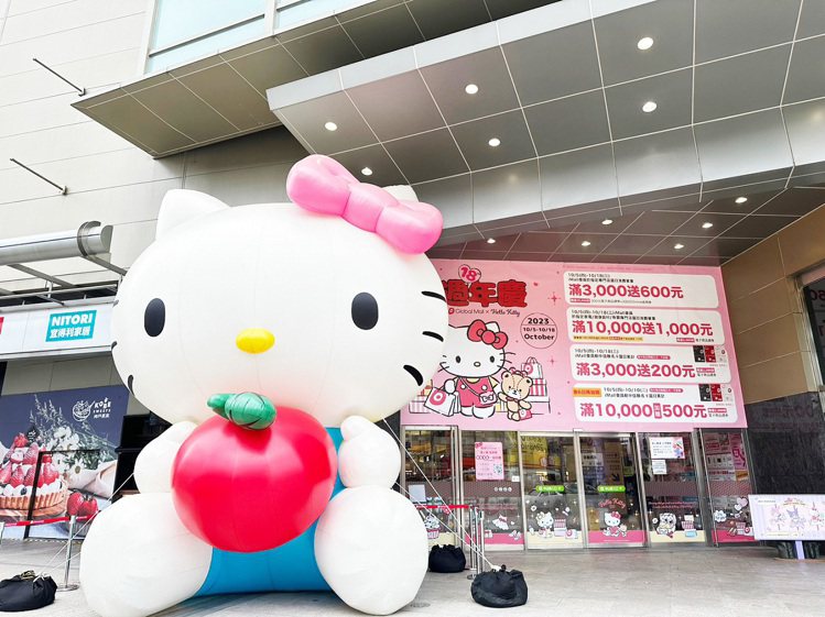 環球購物中心周年慶與三麗鷗合作，新北中和大門口設置5米高Hello Kitty巨型氣偶迎賓。圖／環球購物中心提供