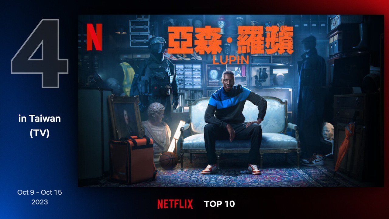 Netflix台灣地區10月9日至10月15日電視類排行第4為《亞森·羅蘋》。圖／Netflix