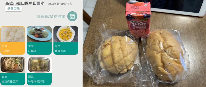 8月30日中山國小菜色有玉米、紅燒肉、豆芽菜、湯，但實際上當天中山國小一年級學生吃的是2塊菠蘿麵包、1罐飲料。記者王勇超／翻攝