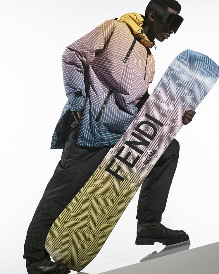 FENDI 2023滑雪系列男士滑雪服上點綴著色彩繽紛的FENDI Shadow印花圖案。圖／FENDI提供