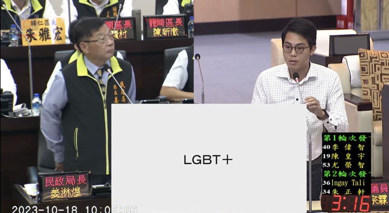 台南市議員李宗霖（右）質詢民政局長姜淋煌什麼是LGBT+。記者吳淑玲／翻攝