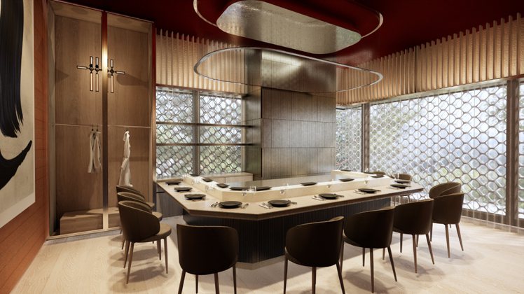 「樂葵法式鐵板燒」微風南山店追求當代法式時尚用餐氛圍（此為3D模擬圖）。圖／樂葵法式鐵板燒提供。