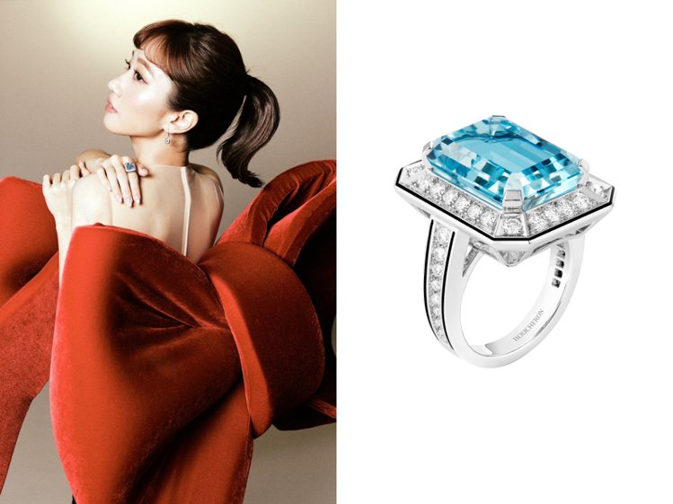 除了辣秀美背，Lulu手上的Boucheron海水藍寶戒指更散發柔美、經典的法式珠寶風格。圖／Boucheron提供