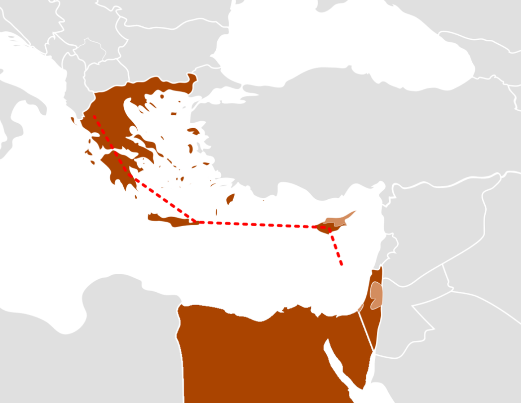 原本預計興建的「地中海東岸管線」地圖，經由希臘將以色列開採出的天然氣運送至歐洲。...