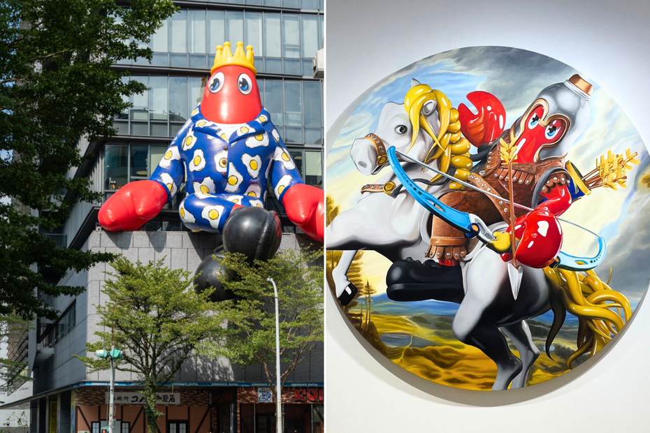 白石畫廊「龍蝦星球之旅—台北」展期為10月21日至12月2日，戶外充氣雕塑和本次主畫。組圖／白石畫廊提供