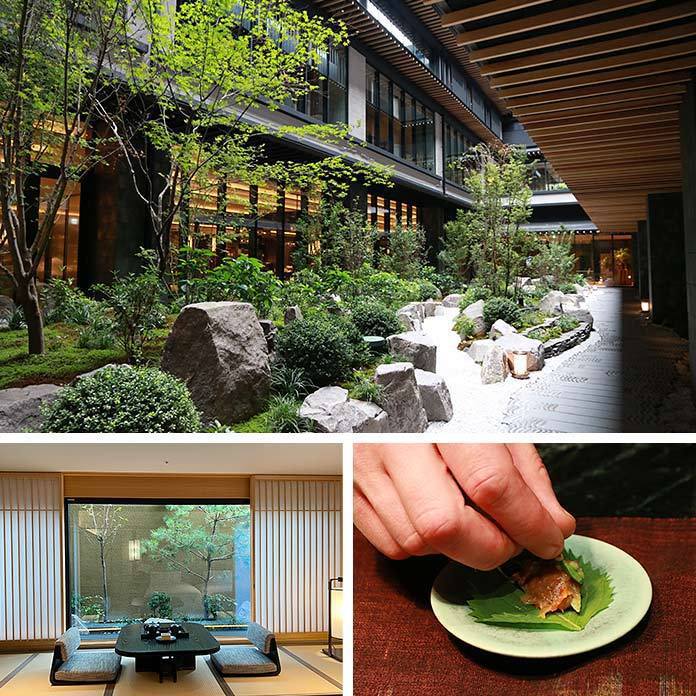 (上圖)前往餐廳必經的庭園區。(左下圖)客房內優雅的飲茶空間。(右下圖)運用香料...