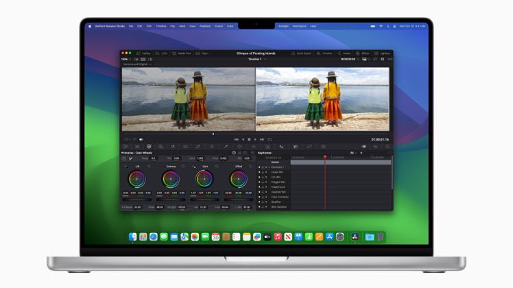搭載M3 Max的新款MacBook Pro憑藉2個ProRes引擎，讓使用者在《Blackmagic DaVinci Resolve Studio》等App中對最高解析度內容進行影片後製變得輕而易舉。圖／蘋果提供