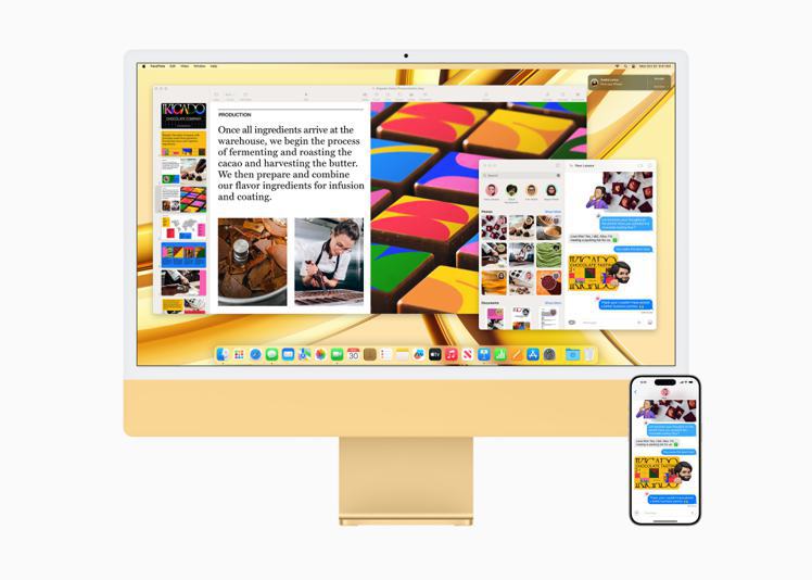 透過「接續互通」功能，使用者可以在iMac和iPhone之間流暢無縫地工作，從而以有趣的新方式，提升自己的創造力和生產力。圖／蘋果提供
