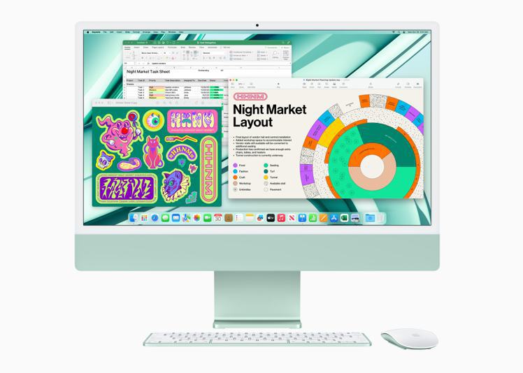iMac提供綠色、黃色、橘色、粉紅色、藍色和銀色，並搭配相同色系的配件。圖／蘋果提供