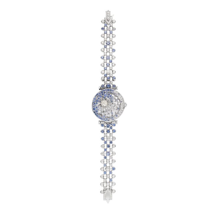 Le Jardin de Chaumet高級珠寶系列Pensée神秘腕表，18K白金鑲嵌鑽石、藍寶石。
