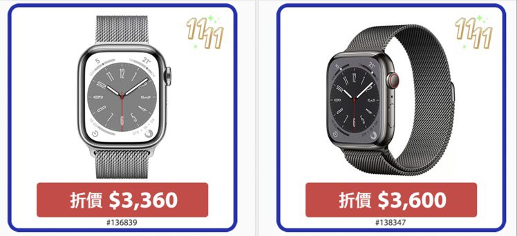 Apple Watch Series 8時尚風格的不鏽鋼錶殼＋米蘭式錶環組合，最高現折3600元。圖／摘自好市多App