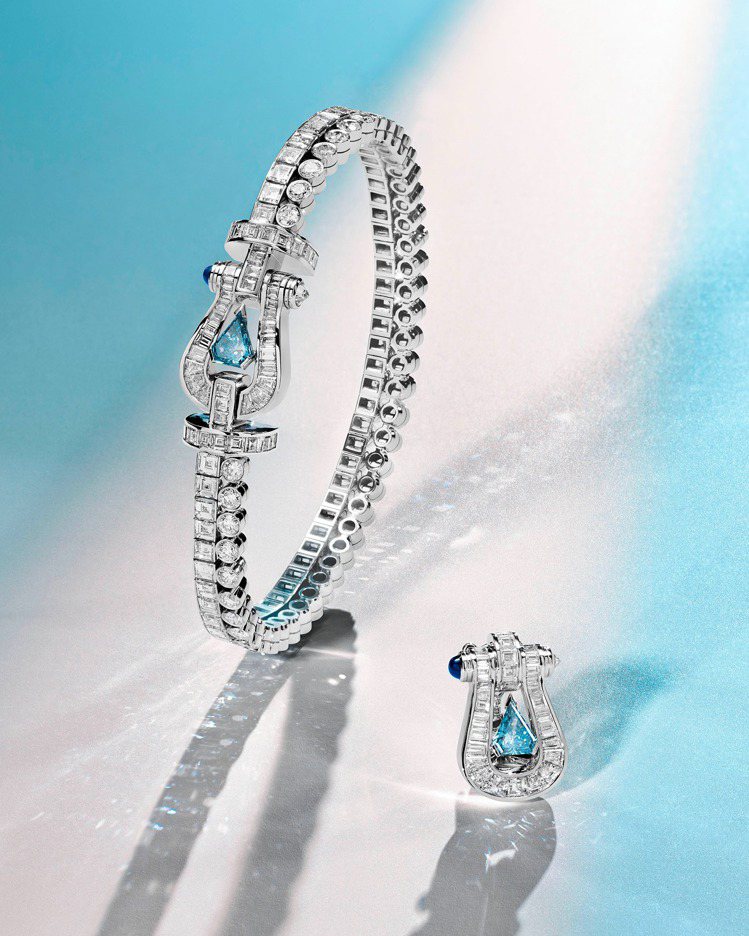 FRED Force 10 Duality手環與耳環，18K白金鑲嵌實驗室培育藍鑽與天然白鑽。圖／斐登提供