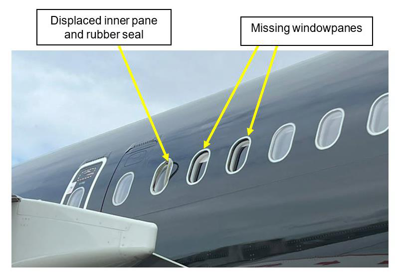 英國航空公司「泰坦航空」空中巴士A321包機10月初從倫敦史坦斯特機場起飛至超過14000英尺（近4267.2公尺）高空時，一名機組人員發現有兩塊窗玻璃不見。擷取自RadarBox航班追蹤網站X