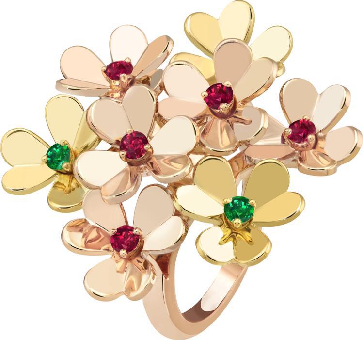 梵克雅寶Frivole八朵花戒指，18K黃金與18K玫瑰金鑲嵌祖母綠、紅寶石，41萬6,000元。圖／梵克雅寶提供