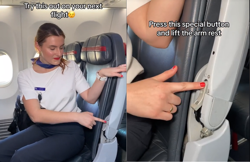 一名空服員分享，飛機上靠近走道的扶手下有一按鈕，按下後便可將扶手豎直。圖／擷自TikTok