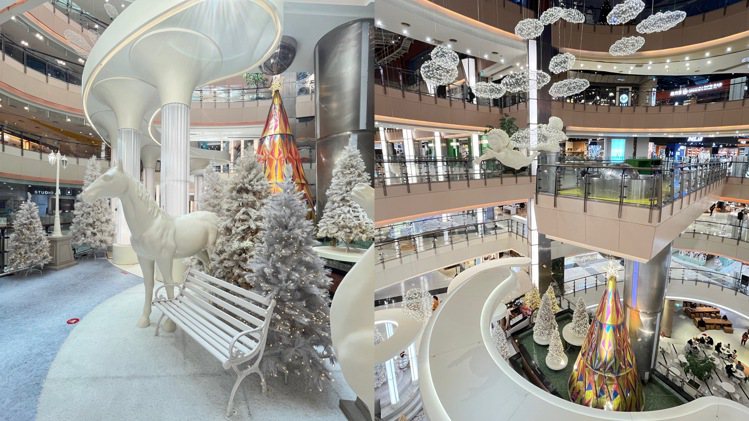 大江購物中心已換上白色系耶誕造景裝置。圖／大江購物中心提供
