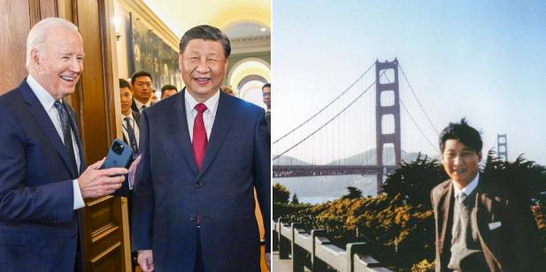 華春瑩發布一張拜登打開他的iPhone手機，給習近平看照片的輕鬆畫面（左圖），以及另一張習近平1985年首次公開訪美站在舊金出金門大橋前的照片（右圖）。取自X