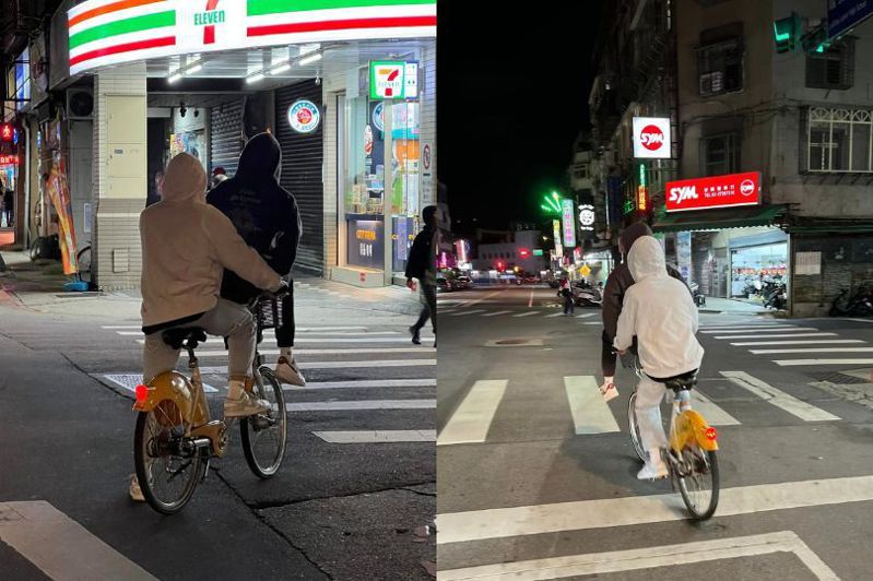 兩名屁孩共乘Youbike，一人負責騎車，另一人竟坐在前方車籃，畫面看起來十分危險。圖／翻攝自Facebook