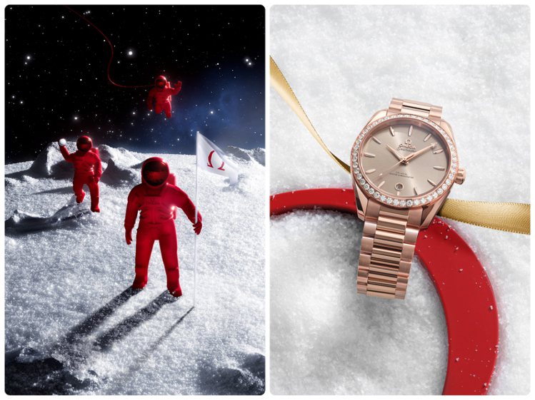 歐米茄（OMEGA）推出冬季雪景形象廣告，將品牌四大系列化為討喜元素，以想像力登上為白雪覆蓋的奇幻月球。圖／OMEGA提供