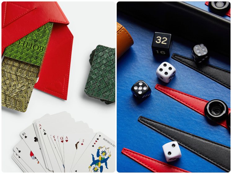 Bottega Veneta便發表一系列遊戲組合：包含撲克牌組、皮革編織雙陸棋以及木盒骨牌組，讓桌遊成為相聚時最時髦的靜態活動。圖／Bottega Veneta提供