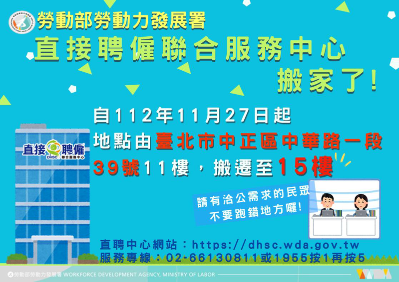 勞動部「直接聘僱聯合服務中心」27日起將由台北市中正區中華路1段39號11樓搬遷至同棟大樓15樓。圖/勞動力發展署提供