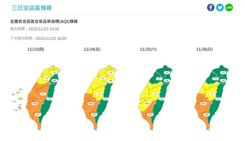 環境部根據最新觀測資料、中央氣象署氣象預報及空氣品質模式模擬資料，中國上海地區今(23)日出現霾害現象，霾害明(24)日上午將伴隨東北季風影響台灣空氣品質，西半部多為橘色提醒等級，局部地區短時間達紅色警示等級。截圖自環境部網站