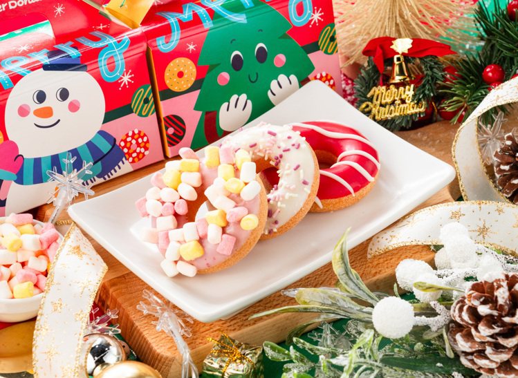 「耶誕萌樂園」內含3種口味的迷你甜甜圈，每盒60元，兩盒100元。圖／Mister Donut提供