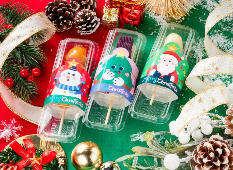 日式糰子換上耶誕老人、雪人和耶誕樹等主題包裝。圖／Mister Donut提供