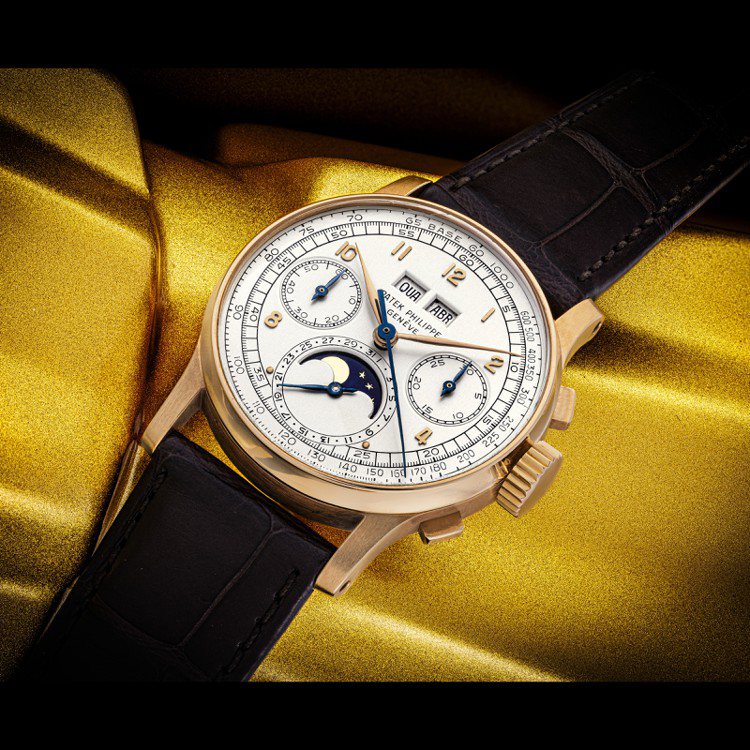 本季鐘錶拍賣最高價拍品為一極罕有及保存極好百達翡麗18K 紅金萬年曆計時腕表，配...