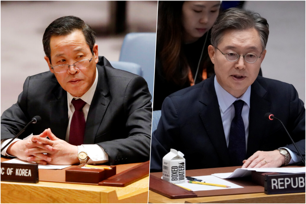 11月27日聯合國大會上，北韓大使金成（左）與南韓大使黃浚局（右）針對「萬里鏡1...