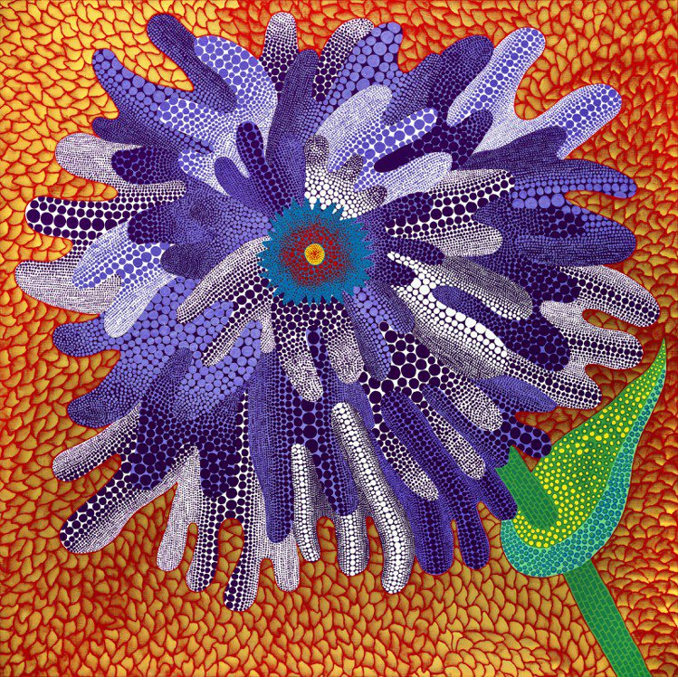 草間彌生《花》，壓克力畫布，162 x 162公分，2014年作，以7,812萬5,000港元（逾3.1億台幣）刷新藝術家第二高價世界紀錄。圖／佳士得提供